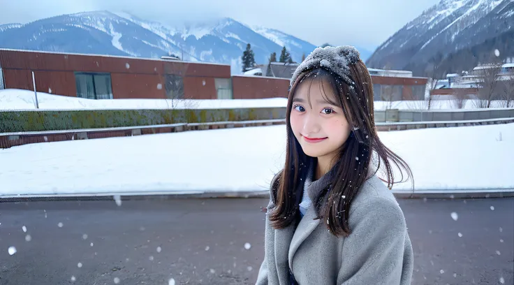 High School Girl, 18 years old, Wearing a gray miniskirt、Snow in the background