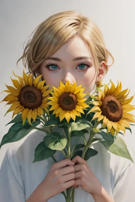 (watercolor:1.2),1girl, solo, sunflower, sunflower, leaf, yellow sunflower, short hair, green eyes sunflower earrings