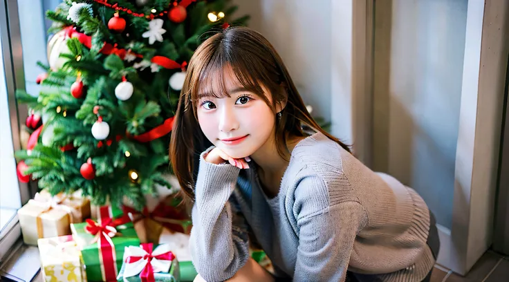 High School Girl, 18 years old, Wearing a gray miniskirt、Christmas tree