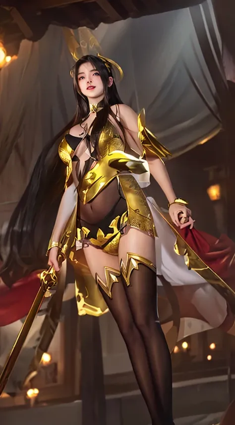 A brunette one，Sexy beauty with dark eyes，There is a thin iron chain tied around his neck，Look up at you，Give you a flattering smile，Plump tits filled with milk，Wearing a gold hollow strap small bra，Sexy gold suspender hollow thong，Wearing gold hollow stoc...