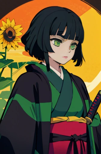 a girl with black hair green eyes is brown, with Kimono Sunflower Demon Slayer Cloak with a katana