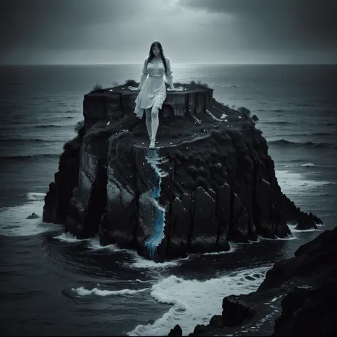 black and white and blue and red,(best quality, ultra-detailed, high resolution, extremely detailed cg),wide shot,dead angels stand on cliff edge,she is very beautiful,she like blood and sea,bloody rain, mystical,fanatic, intricate, surreal,delicate