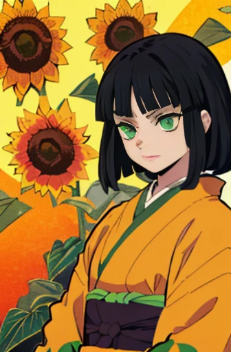 a girl with black hair and green eyes is brown, com capa Kimono Sunflower Demon Slayer com uma katana com um rosto fofo 13 anos