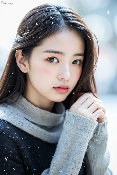 (8k, best quality, masterpiece, ultra highres:1.2) Photo of Pretty Japanese woman
 in the (style of paul rubens and rebecca guay:1.1) (melancholy winter snow:1.4)