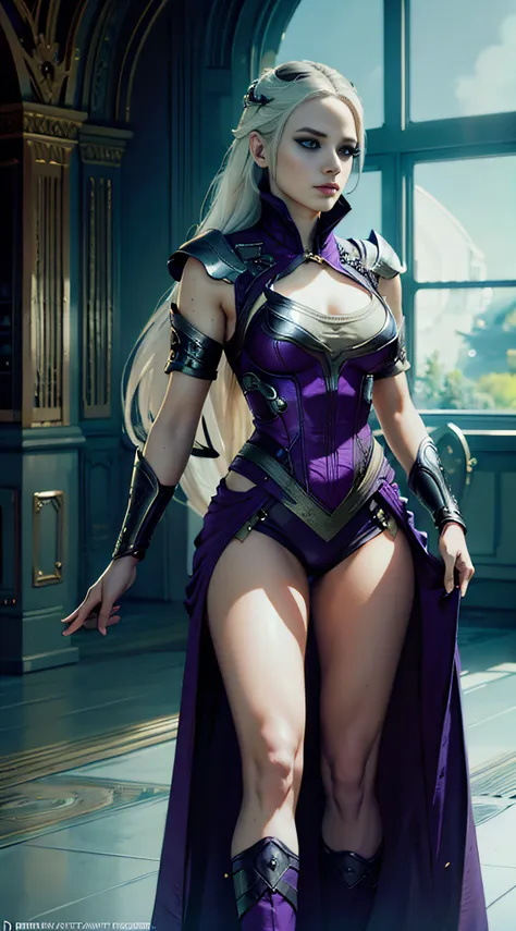 ((a woman 3v4gr33n)) as sindel from mortal kombat, long, flowing white hair, piercing blue eyes, complexion pale, wearing purple...