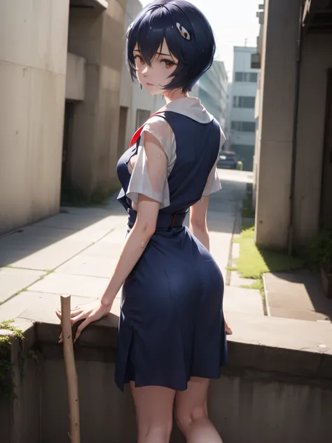 (masutepiece, Best Quality, Ultra-detailed, 8K, ), ((Perfect hands)), ((Perfect Anatomy)), medium cleavage, standing on the stairs of an abandoned concrete building、  ((Attractive anime 1 girl)), ((Rei Ayanami)), ((dark indigo short hair:1.5)),clean detail...