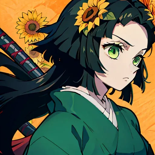 a girl with black hair and green eyes is brown, com capa Kimono Sunflower Demon Slayer com uma katana com um rosto fofo 13 anos