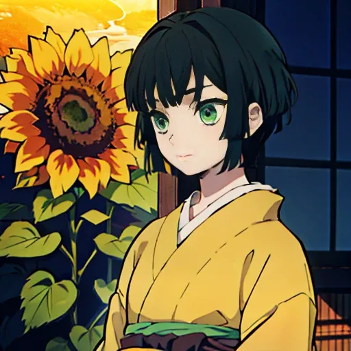 a girl with very short hair and green eyes is brown, com capa Kimono Sunflower Demon Slayer com uma katana com um rosto fofo 13 anos