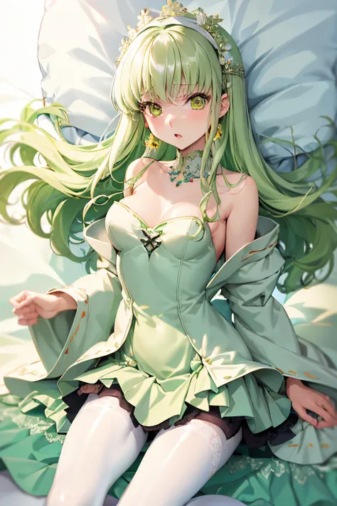 masutepiece, Best Quality, 1girl in, (C.C),Green head hair, (Green eye:1.2),((weddingdress))、((robe blanche))、length hair、((embarassed expression))、((Bedroom))、((long boots))、((a miniskirt))、((pantyhose))、