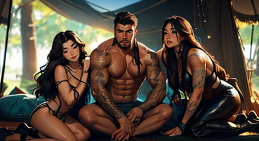 Muscular Handsome (((short-haired))) shirtless barbarian man absolutely surrounded and being hugged and touched by (((three))) sexy women harem girlfriends bitches feeling his muscles and groin, women: curvy with wide hips and nice asses in flattering sexy...