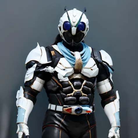 masterpiece, highest quality, illustration, Hercules beetle, black bodysuit, mask, white helmet, tokusatsu, belt, white armor, light blue eyes, light blue scarf