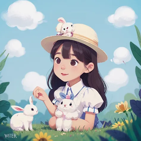 A little white rabbit，White rabbit，With a cute hat，Cute and docile rabbit，head portrait，Pet image，influencer，Avatar picture，A rabbit，style of anime，Avatar picture，Dream World