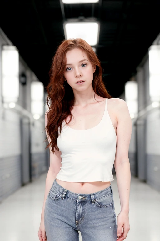 Actor headshot of a sexy 19 year old redhead freckled woman in a tight white tank top and jeans, background is an out of focus dark dramatic lit industrial factory loft hallway with very bokeh lights along a distant wall