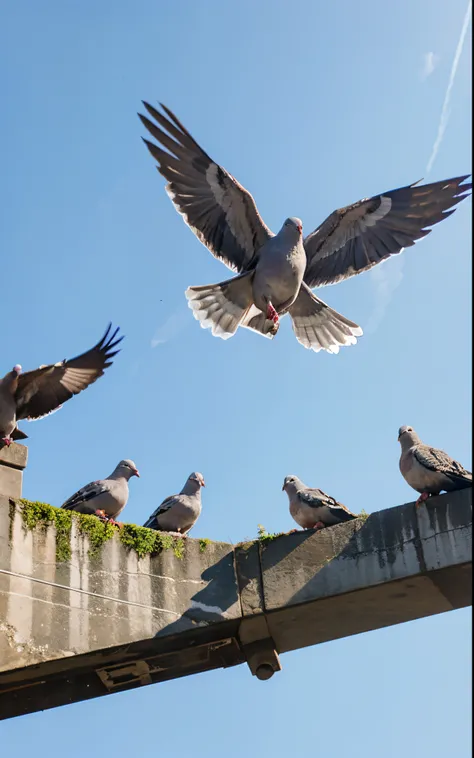 Pigeons fly in the air