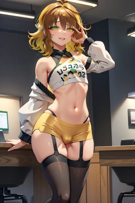 amicia michella - nijisanji, anime style, 1boyl, brown short hair, yellow inner hair, wavy hair, green eyes, detailed eyes, midriff, girly face, seductive, thin lips, painted lips, shy smile face, wide hips, thick thighs, huge round ass, full flat chest, b...