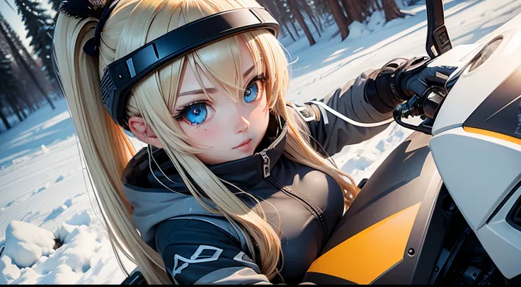 Snowmobiling Anime Girl with blue-grey eyes, blond hair