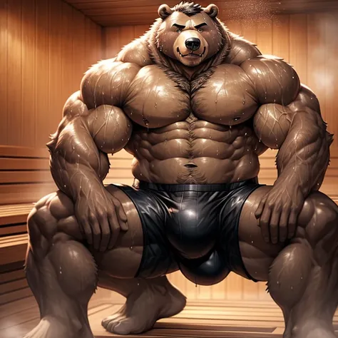 giant human bear, musculous, In the sauna, Wear black，(large bulge:1.3), The arms and legs are very muscular, With a determined expression on his face, Fur soaked with sweat, Sweat drips on the floor, Its hot, , The veins in the muscles and abdomen are cle...