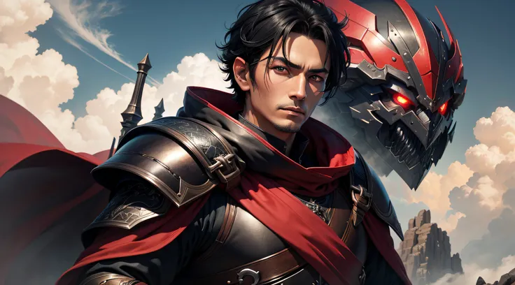 tmasterpiece，nood，超A high resolution，shoun，Black Armor，scout，cloaks，musculature，(With short black hair)，Red colored eyes, Mans, 50 years old, scales，Clouds，darkskinned, 1 persons