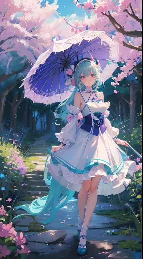 best quality, masterpiece, Anime Anime Arcane Gardens of the Great White Empire - Girl, medium emerald hair, empty eyes, pink eyes, medium breasts, turquoise haori, turquoise translucent fabric, blue hair ornaments, black shoes, lilac fabric umbrella, long...