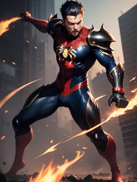 A high ground angle shot, skyscrappers on low ground, Spiderman fighting at war, raging, character design, body is adorned with glowing golden runes, red and blue aura around him, body dynamic epic action pose, detailed anime style, fw murano style, full b...