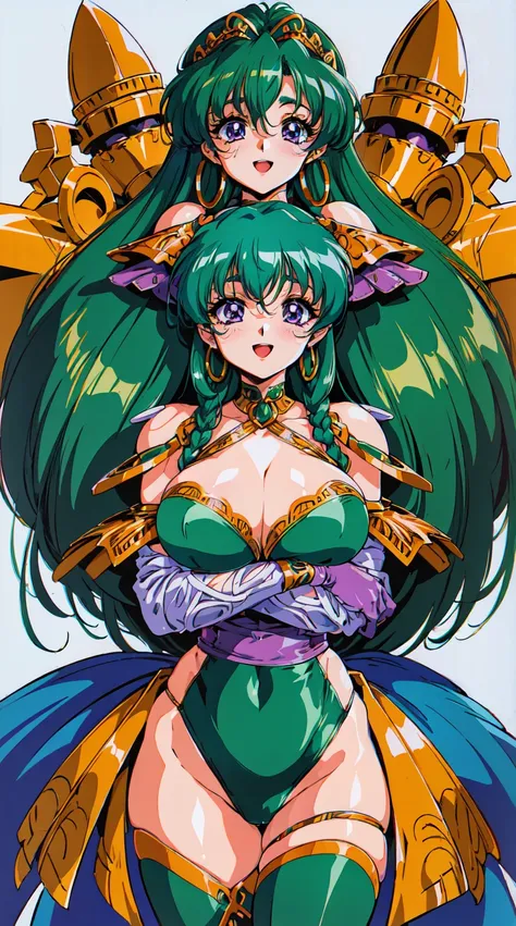 "(masterpiece:1.1), best quality, 
1girl, (80s anime style:1.3), (eyelashes:1.5), (loli:1.2), 
(intricate high detailed body:1.2), 
(green hair:1.1), (bangs:1.1), (twin braids:1.1), (hair ornament:1.2), 
purple eyes, (thick eyebrows:1.1), 
(dark skin:1.2),...