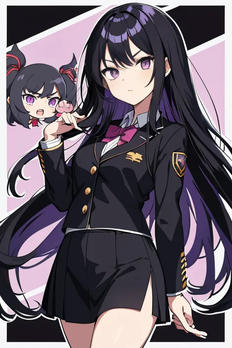 anime poster, anime girl, medium long hair, black hair, purple eyes, cold stare, school suit outfit, portrait style, front facing to viewer, superpower (manga outlines: 1.1)