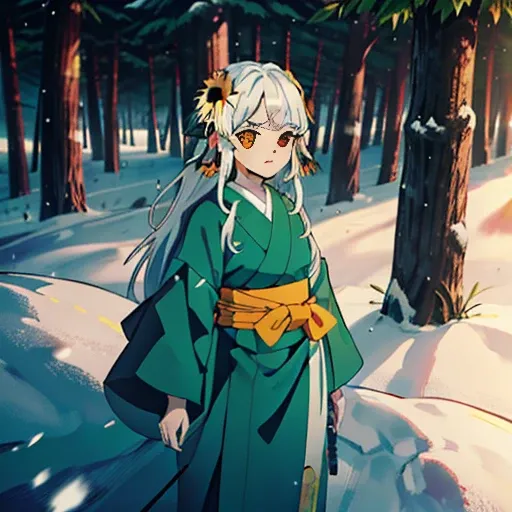 Uma garota hashira com cabelo preto e bem curto um olho verde e o outro castanho um (Kimono Robe Demon Slayer sunflower print)(com uma Katana Nichirin) (melhor qualidade) (Snow covered forest with sunset)