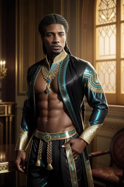 A very handsome (regal black African American man:1.5), with a dark skin tone with braids flowing back, wearing a African style clothing, pants and a Dashiki, Intricate plumage, Elaborate, hyper detailed, fantastical, 3D, rugged, Alluring, Entrancing, refl...