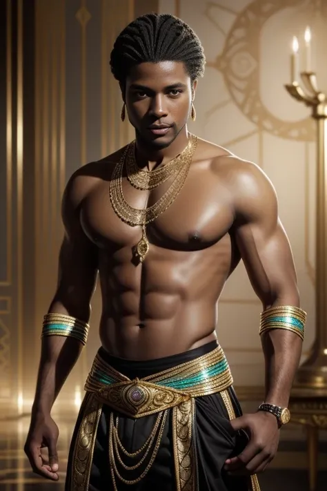 A very handsome (regal black African American man:1.5), with a dark skin tone with braids flowing back, wearing a African style clothing, pants and a Dashiki, Intricate plumage, Elaborate, hyper detailed, fantastical, 3D, rugged, Alluring, Entrancing, refl...