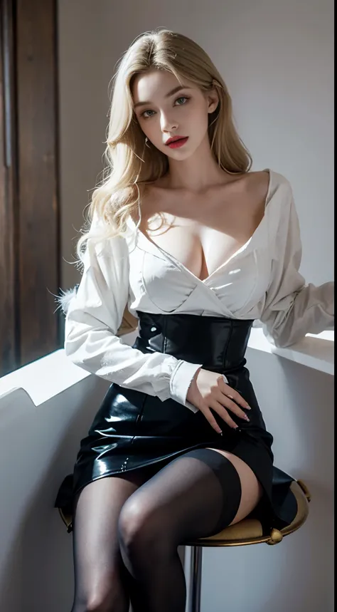 1 European and American vampire beauties:Imperial sister，domineering side leak，enchanting，Beauty model，，being thin，stovepipe breasts，Skin is snow-white and smooth，curlies，coiffed blonde hair，legs long，Wear black stockings on the legs，Penetrating white shir...