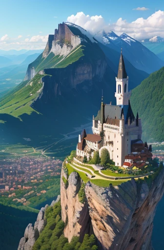 A majestic city built upon and within a mountain. The architecture varies from simple houses at the base to elegant buildings and fortresses at the top, using a variety of materials such as wood, basalt, limestone, slate, granite, marble, and quartz.