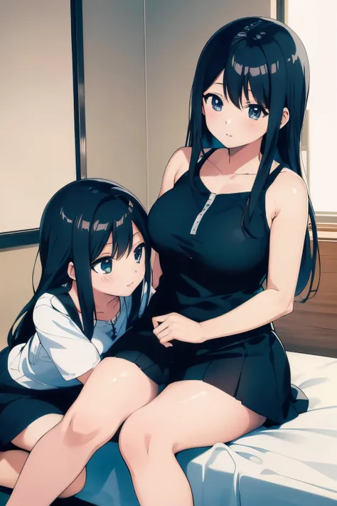 anime image of two girls sitting with their backs on the bed, anime girls, two beautiful anime girls, ecchi anime style, anime m...