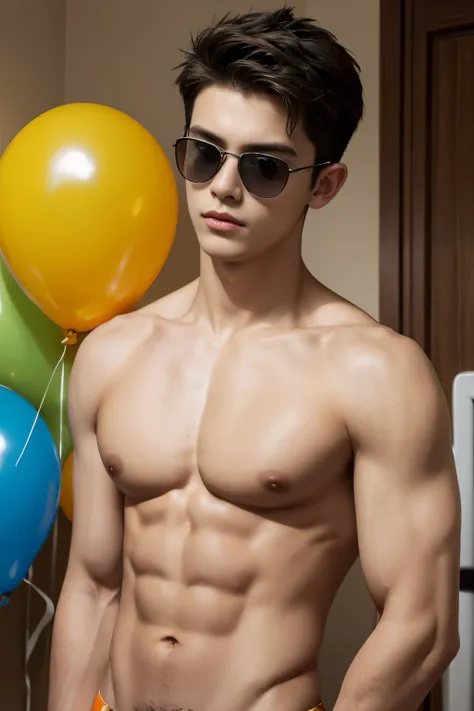 14-year-old boy, blowing big orange balloons, popping big violet balloons, wearing small yellow speedos, shirtless, abs, thin body, slim body, handsome, youthful, boyish, cute, black military sunglasses, rayban aviators, photography, realistic, indoor soft...