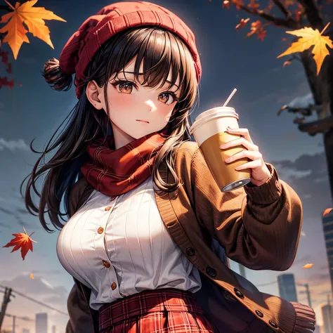 1个Giant Breast Girl, Autumn leaves, By bangs, Black tiara, vague background, Be red in the face, Brown eyes, Brown hair, Brown scarf, brown skirt, cardigan shirt, kawa, cow boy shot, Ccup, disposable cup, drinking, falling leaf, Beanie, ngel, holding a dri...