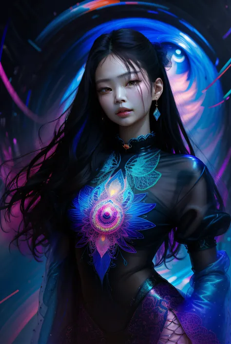 _james jean, floating female figure made of ribbons, smoke, in the sky, colorful and vibrant, mystical colors, contemporary impressionism, yanjun cheng portrait painting, iridescent painting, 3/4 perspective view, cute face, low angle, sweeping circling co...