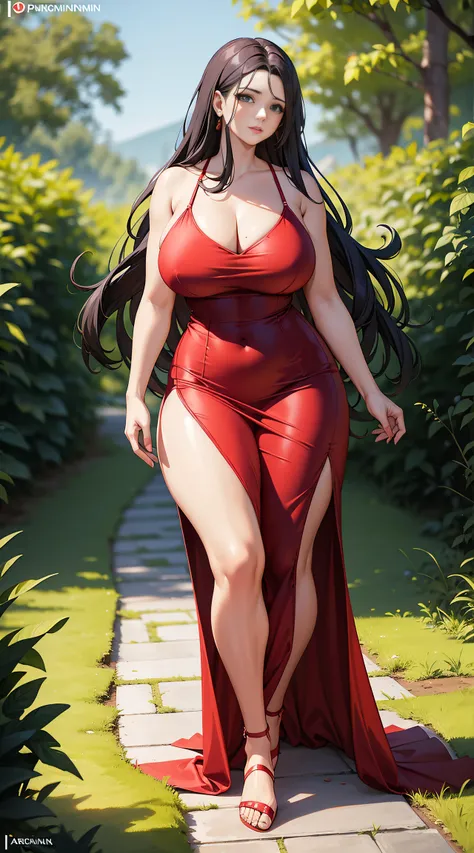 araffe woman in a red dress, magical outdoor location, lorena avarez, perfect body, green eyes, in a red dress, sexy red dress with massive slit in the centre revealing sexy legs, wearing a longv red dress, wearing a long red dress, tight dress, curvy hour...