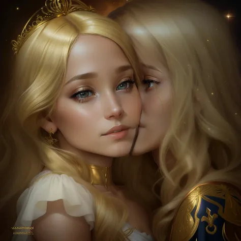 blonde in a golden dress hugs a blonde in a golden dress, magali villeneuve, magali villeneuve and monet, Magali Villeneuve, graphic artist magali villeneuve, Cover of a young adult fantasy novel, inspired by Magali Villeneuve, blonde - haired princess, qu...