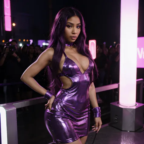 Nicki Minaj, purple outfit, long purple hair, neon lights