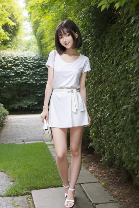 Innocent thin Japanese beautiful girl,High Teenager,detailed bodyline,thin beauty,lean body,Small,Smaller chest,big breasts thin waist,Full body shot,fully body photo,Standing,Rest your feet,Thick thighs,Thicker calves,white sandals on feet,Bob cut hair,a ...