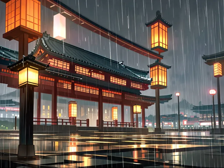 A Japanese city and rain falls on it (delicate details)Illustrator style