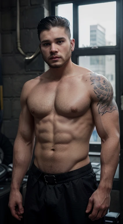 Jon snow, low taper fade hair, greys eyes, affiliated features, height 1.93, weight 90 kg, muscular and athletic build, broad shoulders, v-shaped body, wolf tribal tattoos