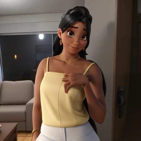 Uma mulher branca, cabelo preto, olhos castanhos, no estilo disney pixar, alta qualidade, melhor qualidade