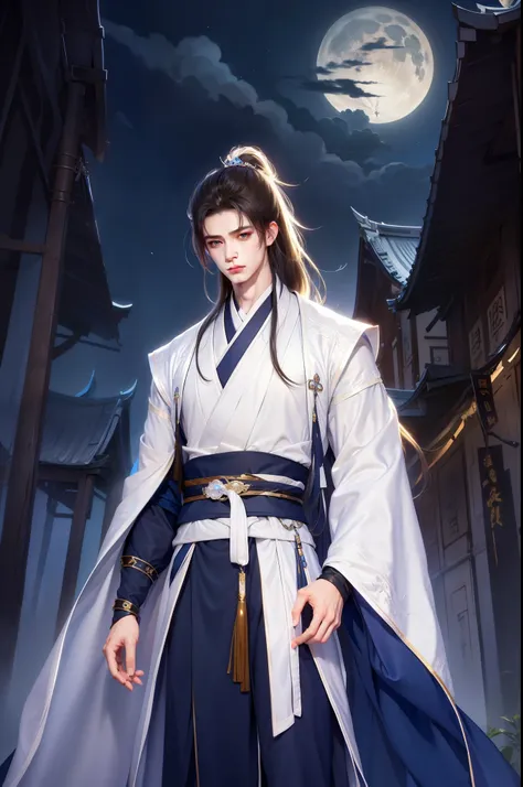 libido boy, hanfu, long sword, cabelos preto e longos, eblue eyes，natta，starrysky，rays of moonlight，asian architecture，best qual...