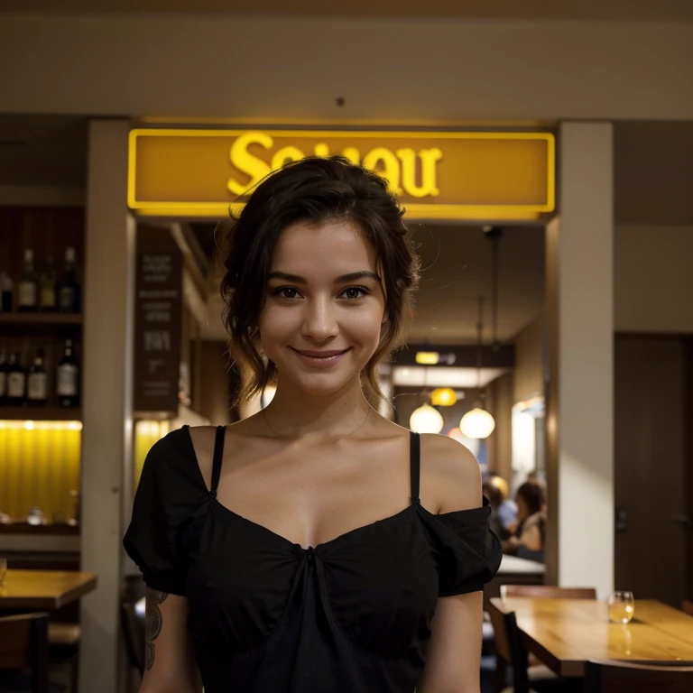 photographie de rue photo d&#39;une jeune femme avec du jaune+cheveux noir, sourire, content, chemise mignonne, clivage1:5, Tatouages sur ses bras, assist in a restaurant in the years 2000, Sombre, projecteur, silhouette, photo de profil instagram