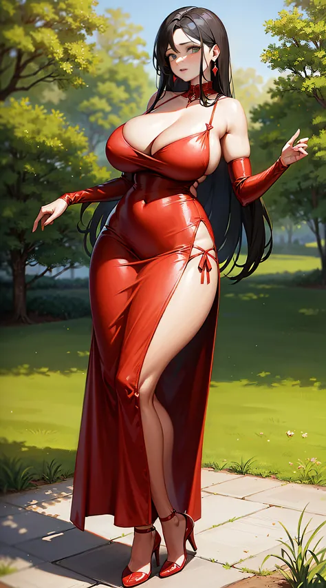 araffe woman in a red dress, magical outdoor location, lorena avarez, perfect body, green eyes, in a red dress, sexy red dress with massive slit in the centre revealing sexy legs, wearing a longv red dress, wearing a long red dress, tight dress, curvy hour...