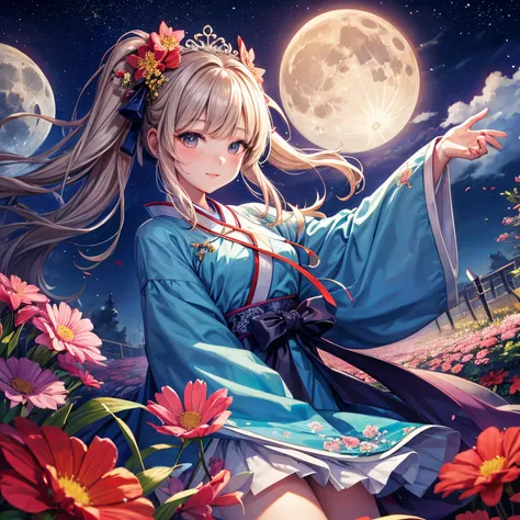 Best quality at best, tall_settle, distinct_Image of a, detailedbackground ,girl, Hanbok,florals,trpical garden,themoon, the night,holland angle, wide wide shot, diadems,