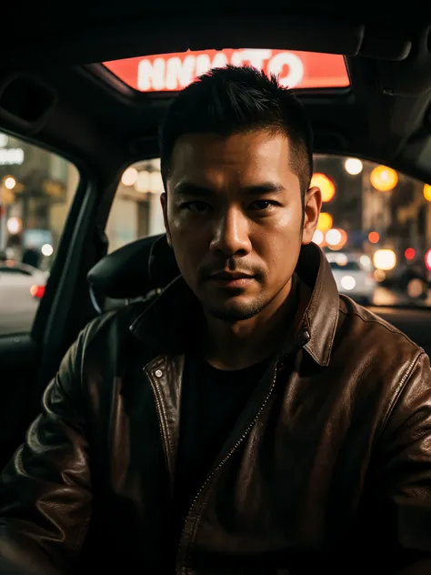 1 male, 32 years old, asian-american, crew cut, undercover, detective, in car, leather jacket, at night, neon sign light, deep shadow, photorealistic