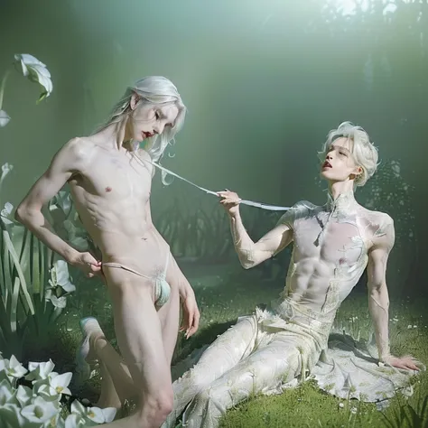 (masterpiece, best quality, dreamlike, hyperrealistic, 4k:1.35), (((1boy))), (Prince Narcissus is a beautiful royal albino lithe slender androgynous male parasitic flower, Prince of Flowers, narcissistic vain squeamish haughty overflown with scorn and disd...