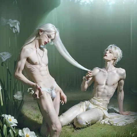 (masterpiece, best quality, dreamlike, hyperrealistic, 4k:1.35), (((1boy))), (Prince Narcissus is a beautiful royal albino lithe slender androgynous male parasitic flower, Prince of Flowers, narcissistic vain squeamish haughty overflown with scorn and disd...