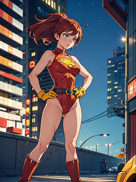 1girl, medium breasts, leotard, red and yellow leotard, bare legs, gloves, boots, belt, superhero, standing, hand on hip, city backdrop, beautiful detailed eyes, beautifully detailed face, (perfect hands, perfect anatomy), diffraction spikes